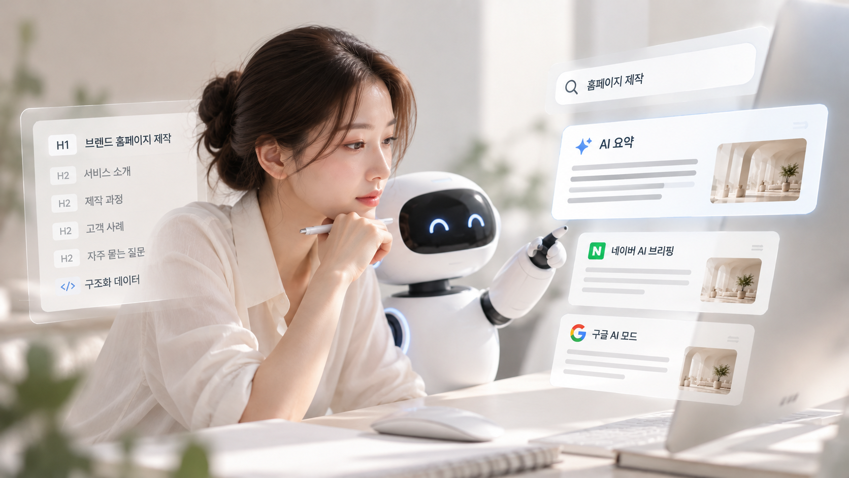 사람이 보는 홈페이지 화면과 AI가 읽는 제목·소제목·구조화 데이터 구조, 네이버 AI 브리핑과 구글 AI 모드 비교